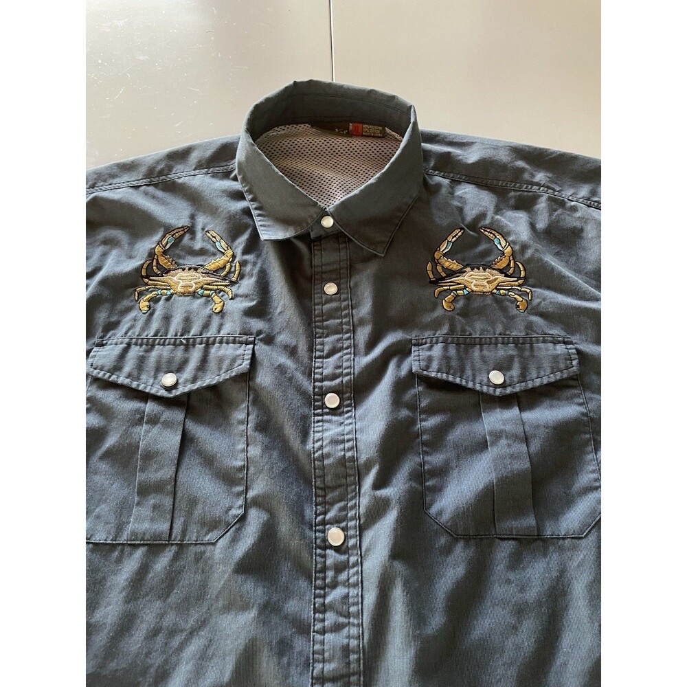 RARE - XL Howler Bros Blue Crab Gaucho Pearl Snap Microstripe Blue Shirt